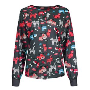 Women's Printed Scrubs Jacket Snap Front Cute Animals Pattern Long Sleeve Scrub Tops Working Uniforms