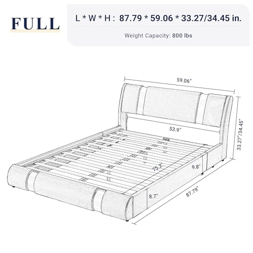 Allewie Full Size Bed Frame with Iron Piece Decor, Faux Leather Upholstered Platform Bed with Adjustable Headboard & Strong Wooden Slats, No Box Spring Needed, White