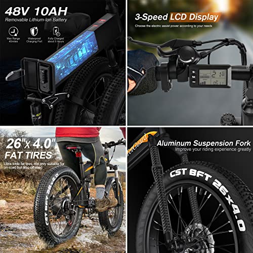 TotGuard 26" Fat Tire Electric Bike 500W 21.6MPH Ebike Foldable Adult Electric Mountain Bicycles with 48V 10Ah Battery and Lockable Suspension Fork