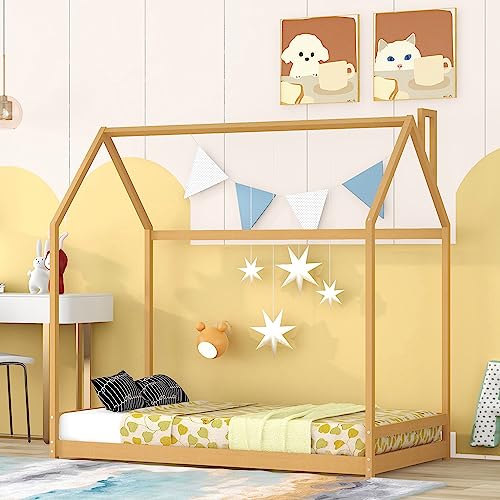 Bellemave Toddlers House Beds Twin Montessori Bed for Kids Wood Floor Bed Frame Bedroom Furniture for Girls Boys, Natural