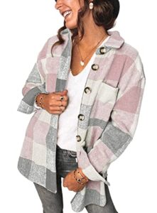 prettygarden women's 2023 fall clothes plaid shacket jacket long sleeve button down flannel shirts fashion blouse(pink,medium)