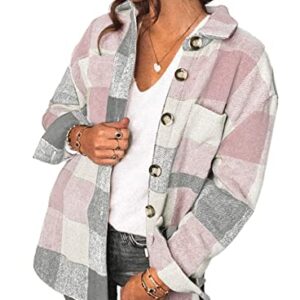 PRETTYGARDEN Women's 2023 Fall Clothes Plaid Shacket Jacket Long Sleeve Button Down Flannel Shirts Fashion Blouse(Pink,Medium)