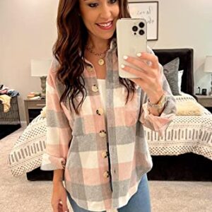 PRETTYGARDEN Women's 2023 Fall Clothes Plaid Shacket Jacket Long Sleeve Button Down Flannel Shirts Fashion Blouse(Pink,Medium)