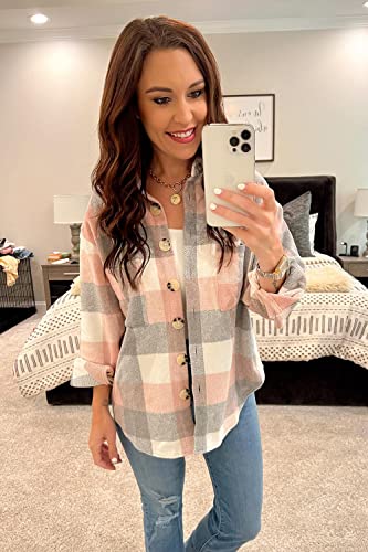 PRETTYGARDEN Women's 2023 Fall Clothes Plaid Shacket Jacket Long Sleeve Button Down Flannel Shirts Fashion Blouse(Pink,Medium)