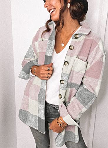 PRETTYGARDEN Women's 2023 Fall Clothes Plaid Shacket Jacket Long Sleeve Button Down Flannel Shirts Fashion Blouse(Pink,Medium)