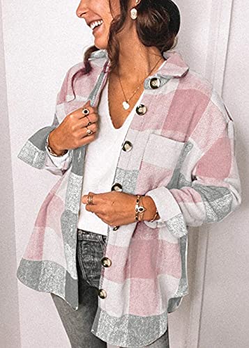 PRETTYGARDEN Women's 2023 Fall Clothes Plaid Shacket Jacket Long Sleeve Button Down Flannel Shirts Fashion Blouse(Pink,Medium)