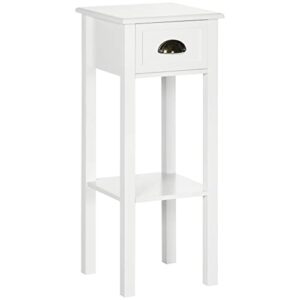 homcom 2-tier side table with drawer, narrow end table with bottom shelf, for living room or bedroom, white