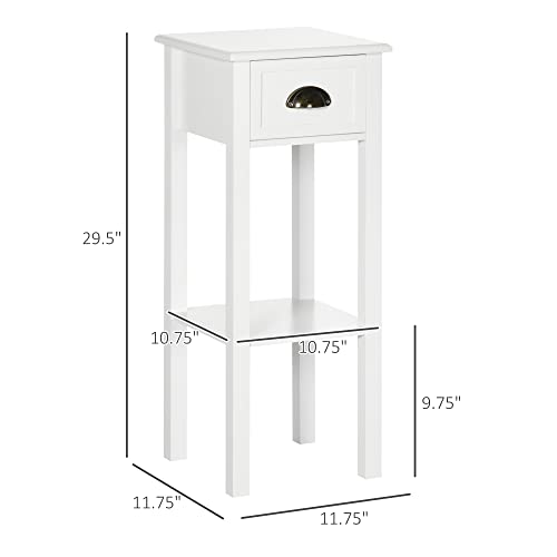 HOMCOM 2-Tier Side Table with Drawer, Narrow End Table with Bottom Shelf, for Living Room or Bedroom, White