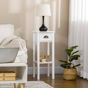 HOMCOM 2-Tier Side Table with Drawer, Narrow End Table with Bottom Shelf, for Living Room or Bedroom, White