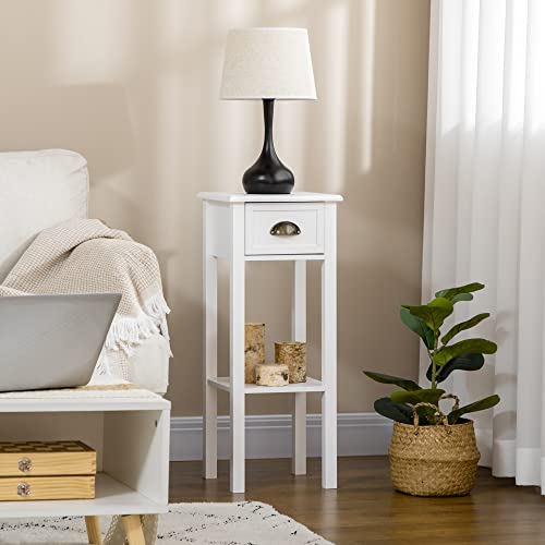 HOMCOM 2-Tier Side Table with Drawer, Narrow End Table with Bottom Shelf, for Living Room or Bedroom, White