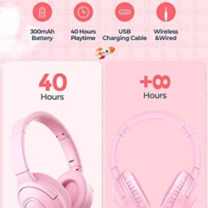 E5 Kids Wireless Headphones with Microphone, Bluetooth 5.0 Over Ear Wireless Kids Headphones with Volume Control 85dB/93dB, 40H Playtime,Sharing Function,for School/iPad/Tablet/Boys/Girls (Pink)