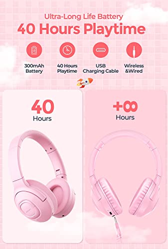 E5 Kids Wireless Headphones with Microphone, Bluetooth 5.0 Over Ear Wireless Kids Headphones with Volume Control 85dB/93dB, 40H Playtime,Sharing Function,for School/iPad/Tablet/Boys/Girls (Pink)