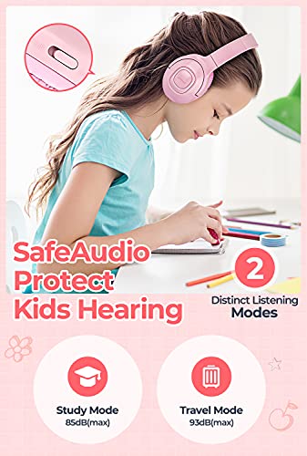 E5 Kids Wireless Headphones with Microphone, Bluetooth 5.0 Over Ear Wireless Kids Headphones with Volume Control 85dB/93dB, 40H Playtime,Sharing Function,for School/iPad/Tablet/Boys/Girls (Pink)