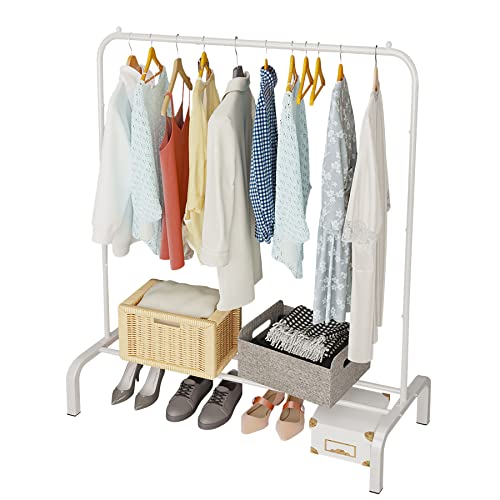 JIUYOTREE Metal Clothing Rack, 43.3 Inches Clothes Garment Coat Rack with Bottom Shelf for Hanging Skirts, Shirts, Sweaters, White