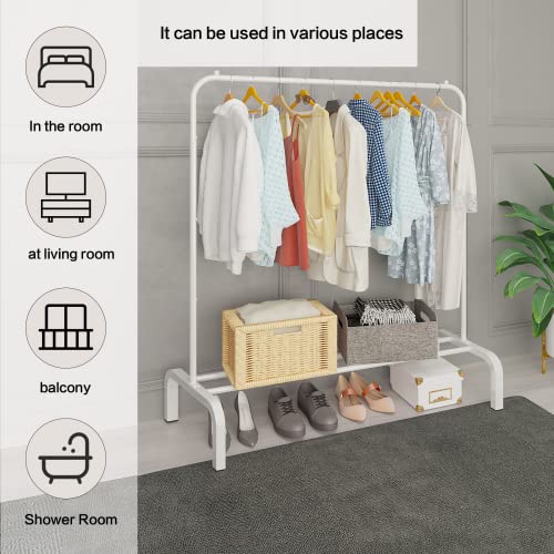 JIUYOTREE Metal Clothing Rack, 43.3 Inches Clothes Garment Coat Rack with Bottom Shelf for Hanging Skirts, Shirts, Sweaters, White