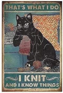 kanni metal tin sign of cat sewing knitting style,cat knitting yarn retro poster,vintage coffee and bar wall art decor iron painting 8x12 inch