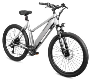 schwinn marshall electric hybrid bike for adults, large/x-large step-thru aluminum frame, 250w motor, 7 speed, 27.5-inch wheels, gloss grey