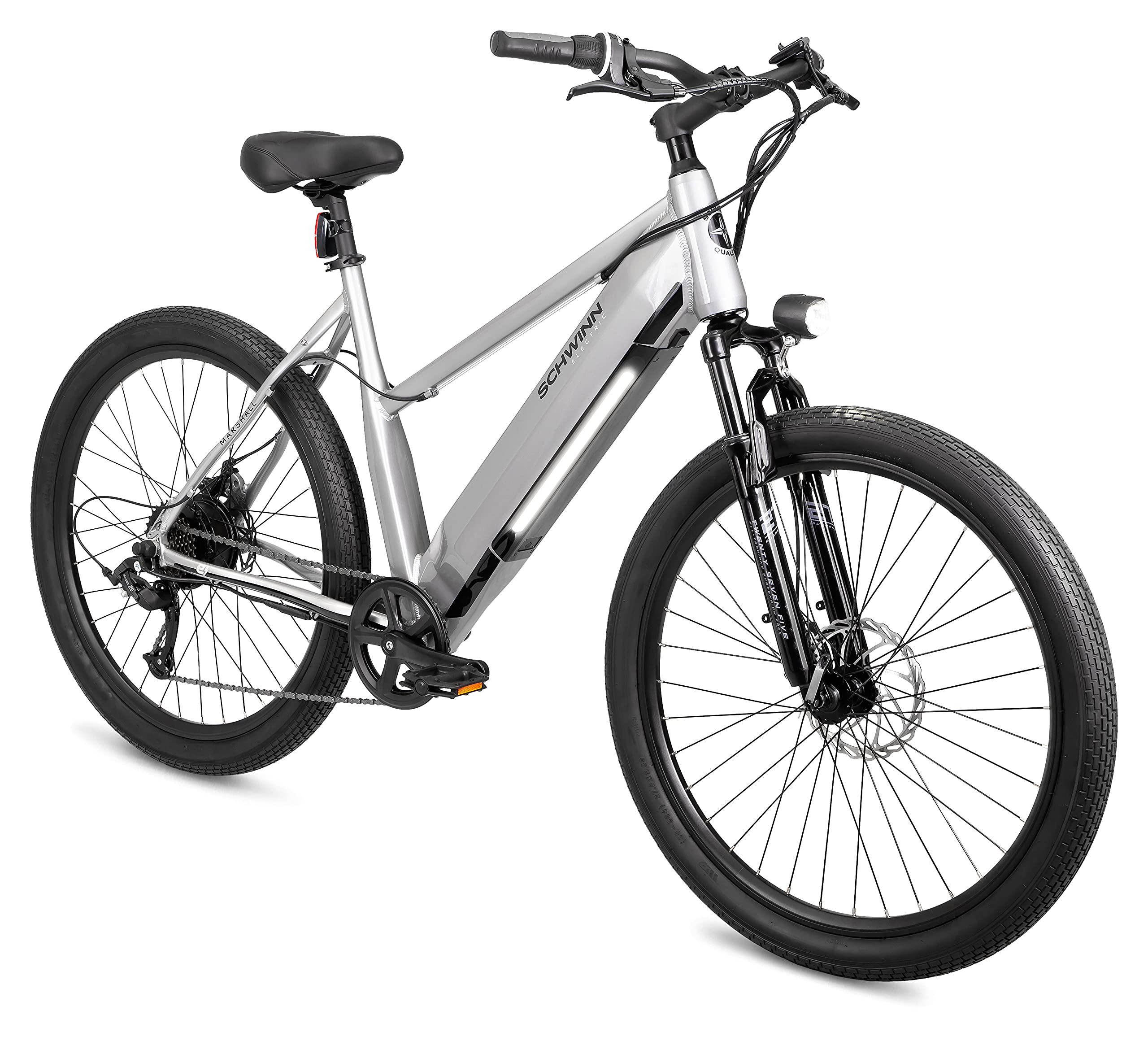 Schwinn Marshall Electric Hybrid Bike for Adults, Large/X-Large Step-Thru Aluminum Frame, 250W Motor, 7 Speed, 27.5-Inch Wheels, Gloss Grey