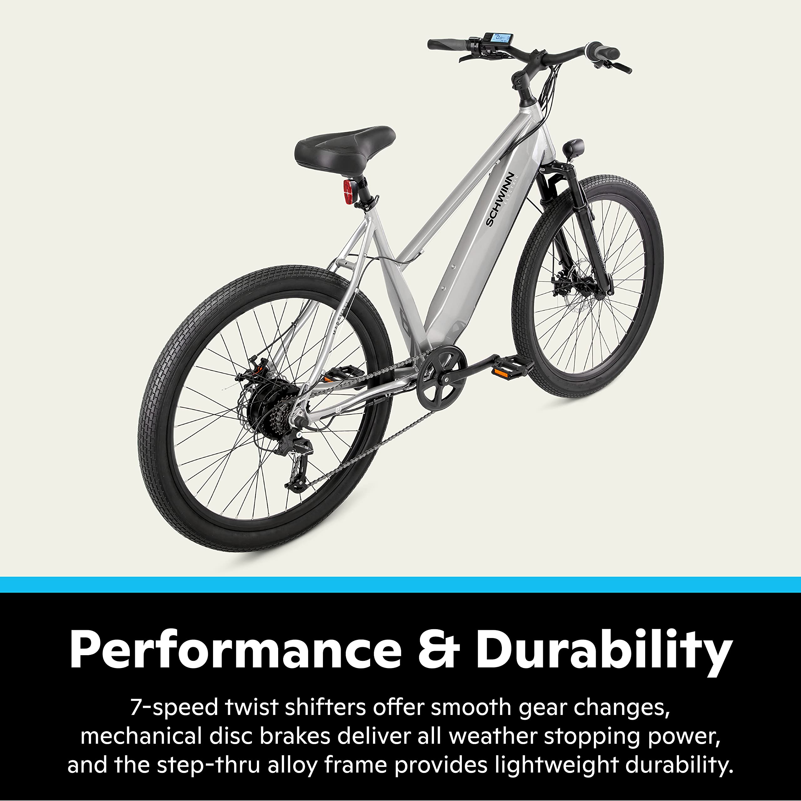 Schwinn Marshall Electric Hybrid Bike for Adults, Large/X-Large Step-Thru Aluminum Frame, 250W Motor, 7 Speed, 27.5-Inch Wheels, Gloss Grey