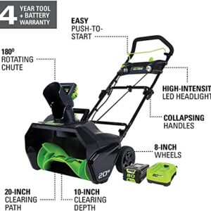 Greenworks Pro 80V 20 inch Snow Thrower with 2Ah Battery and Charger with Greenworks Pro 80V 4Ah Lithium Ion Battery GBA80400