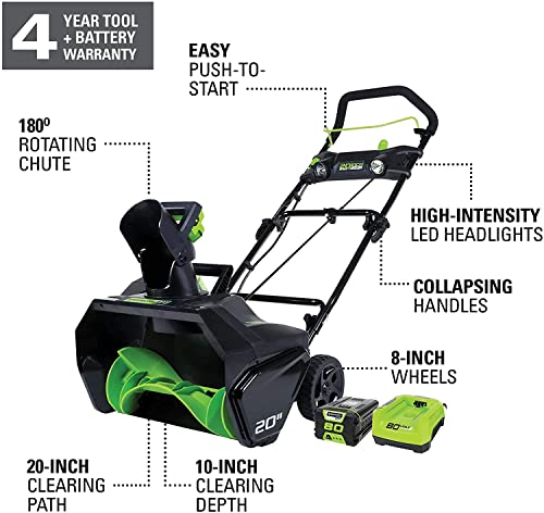 Greenworks Pro 80V 20 inch Snow Thrower with 2Ah Battery and Charger with Greenworks Pro 80V 4Ah Lithium Ion Battery GBA80400