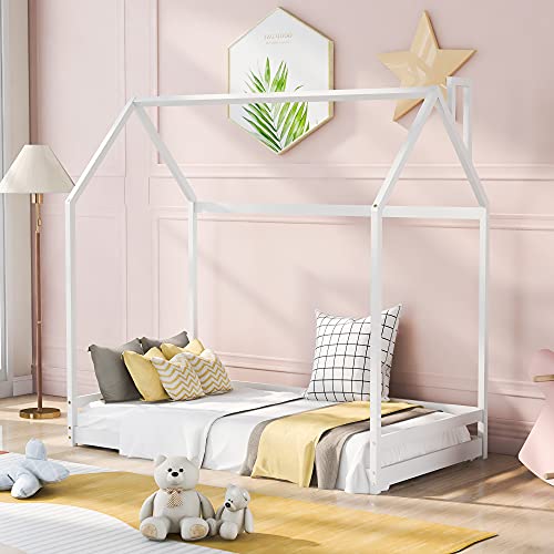 Merax Twin Size Wood House Bed, Wooden Bedframe with Roof for Kids, Teens, Boys or Girls, White