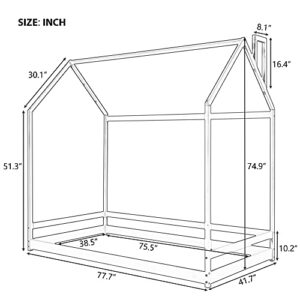 Merax Twin Size Wood House Bed, Wooden Bedframe with Roof for Kids, Teens, Boys or Girls, White