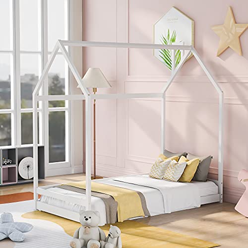 Merax Twin Size Wood House Bed, Wooden Bedframe with Roof for Kids, Teens, Boys or Girls, White