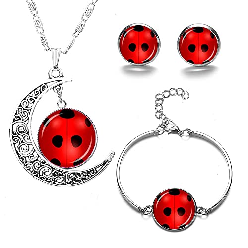 FKOJMH Red Ladybug Set Ladybug Necklace Ladybug Earrings Moon Ladybug Ladybug Jewelry Lucky Ladybug