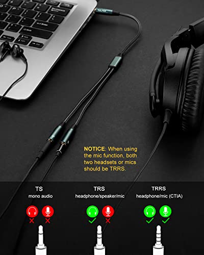 SOLMIMI Headphone Splitter 3.5mm 4-Pole Male to Two TRRS Female Adapter Suitable for Two Audio and Microphone Headsets, Compatible with PC, Laptop, Android, Windows, Smartphones