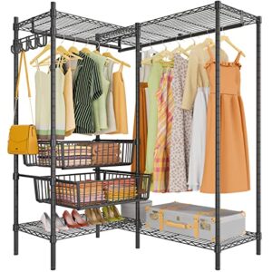 vipek l9 heavy duty clothing rack l shape garment rack standing closet rack for hanging clothes, adjustable corner clothes rack with shelves modern metal wardrobe with baskets, max load 580lbs, black