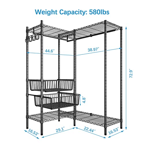 VIPEK L9 Heavy Duty Clothing Rack L Shape Garment Rack Standing Closet Rack for Hanging Clothes, Adjustable Corner Clothes Rack with Shelves Modern Metal Wardrobe with Baskets, Max Load 580LBS, Black