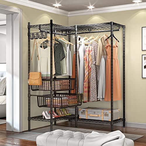 VIPEK L9 Heavy Duty Clothing Rack L Shape Garment Rack Standing Closet Rack for Hanging Clothes, Adjustable Corner Clothes Rack with Shelves Modern Metal Wardrobe with Baskets, Max Load 580LBS, Black