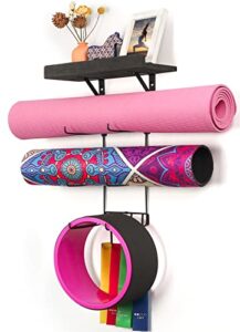 bikoney yoga mat holder wall mount yoga mat storage home gym accessories with wood floating shelves and 4 hooks for hanging foam roller and resistance bands at fitness class or home gym vintage black