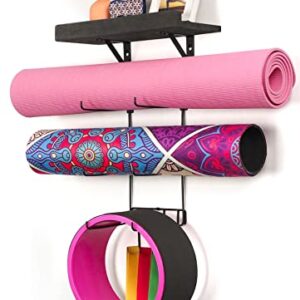 Bikoney Yoga Mat Holder Wall Mount Yoga Mat Storage Home Gym Accessories with Wood Floating Shelves and 4 Hooks for Hanging Foam Roller and Resistance Bands at Fitness Class or Home Gym Vintage Black