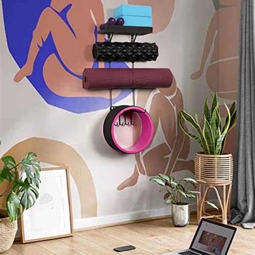 Bikoney Yoga Mat Holder Wall Mount Yoga Mat Storage Home Gym Accessories with Wood Floating Shelves and 4 Hooks for Hanging Foam Roller and Resistance Bands at Fitness Class or Home Gym Vintage Black