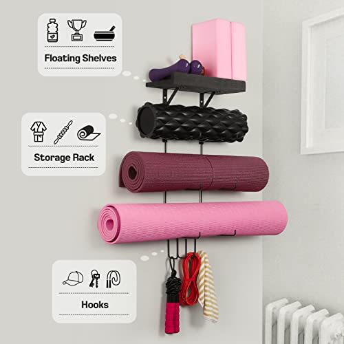 Bikoney Yoga Mat Holder Wall Mount Yoga Mat Storage Home Gym Accessories with Wood Floating Shelves and 4 Hooks for Hanging Foam Roller and Resistance Bands at Fitness Class or Home Gym Vintage Black