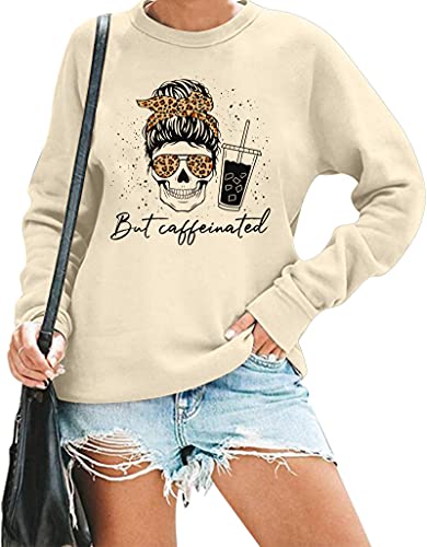 MOUSYA Halloween Skeleton Sweatshirt Women Skull Shirt Funny Coffee Skeleton Hoodie Fall Long Sleeve Pullover Tops