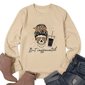 MOUSYA Halloween Skeleton Sweatshirt Women Skull Shirt Funny Coffee Skeleton Hoodie Fall Long Sleeve Pullover Tops