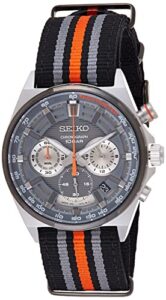 seiko ssb403 watch for men - essentials collection - quartz chronograph, tachymeter, gray dial with metallic and orange accents, racing stripe strap, and water-resistant to 100m