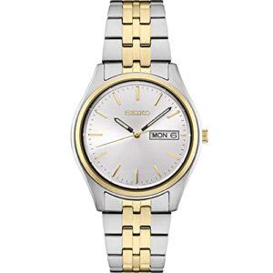 seiko sur430 watch for men - essentials collection - with white sunray dial, day/date calendar, two-tone stainless steel case/bracelet, gold hands and markers, and 100m water-resistant