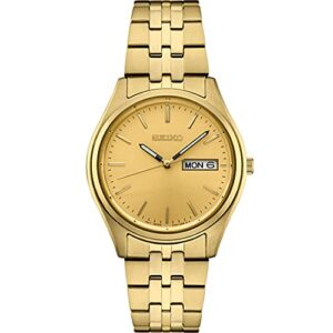 seiko sur432 watch for men - essentials collection - with champagne sunray dial, day/date calendar, gold-tone stainless steel case/bracelet, gold hands and markers, and 100m water-resistant