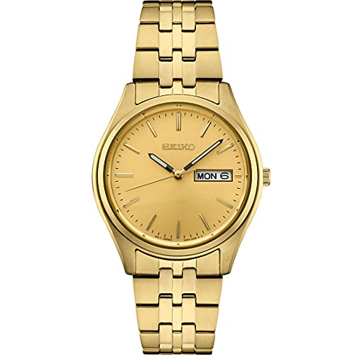 SEIKO SUR432 Watch for Men - Essentials Collection - with Champagne Sunray Dial, Day/Date Calendar, Gold-Tone Stainless Steel Case/Bracelet, Gold Hands and Markers, and 100m Water-Resistant