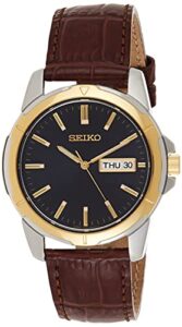 seiko men's sne102 stainless steel solar watch with brown leather strap, black