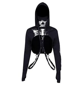 jumisee women goth skeleton hoodie crop top iron chain long sleeve hooded pullover sweatshirt for halloween rave festival black