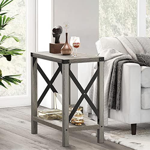 IDEALHOUSE Narrow End Table for Small Spaces, Rectangular Farmhouse Nightstand Sofa Side Table for Living Room, Bedroom, Lounge(Grey)