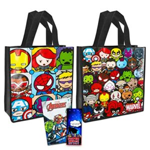marvel avengers tote bag set for kids, adults ~ 4 pc bundle with 2 large reusable grocery bags, avengers stickers, and more | cute superhero party supplies and favors