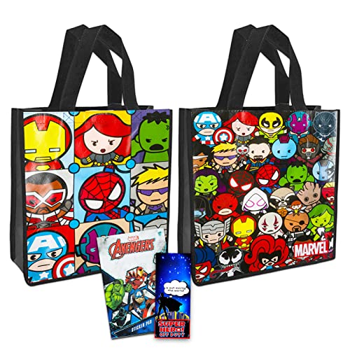 Marvel Avengers Tote Bag Set for Kids, Adults ~ 4 Pc Bundle with 2 Large Reusable Grocery Bags, Avengers Stickers, and More | Cute Superhero Party Supplies and Favors