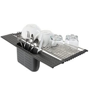 kitchen details over the sink drying rack with utensil holder | roll up for storage | stainless steel | drain tray | bpa free | food safe | space saving | grey
