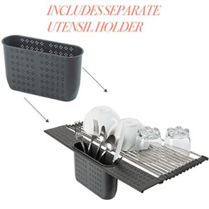 Kitchen Details Over The Sink Drying Rack with Utensil Holder | Roll Up for Storage | Stainless Steel | Drain Tray | BPA Free | Food Safe | Space Saving | Grey